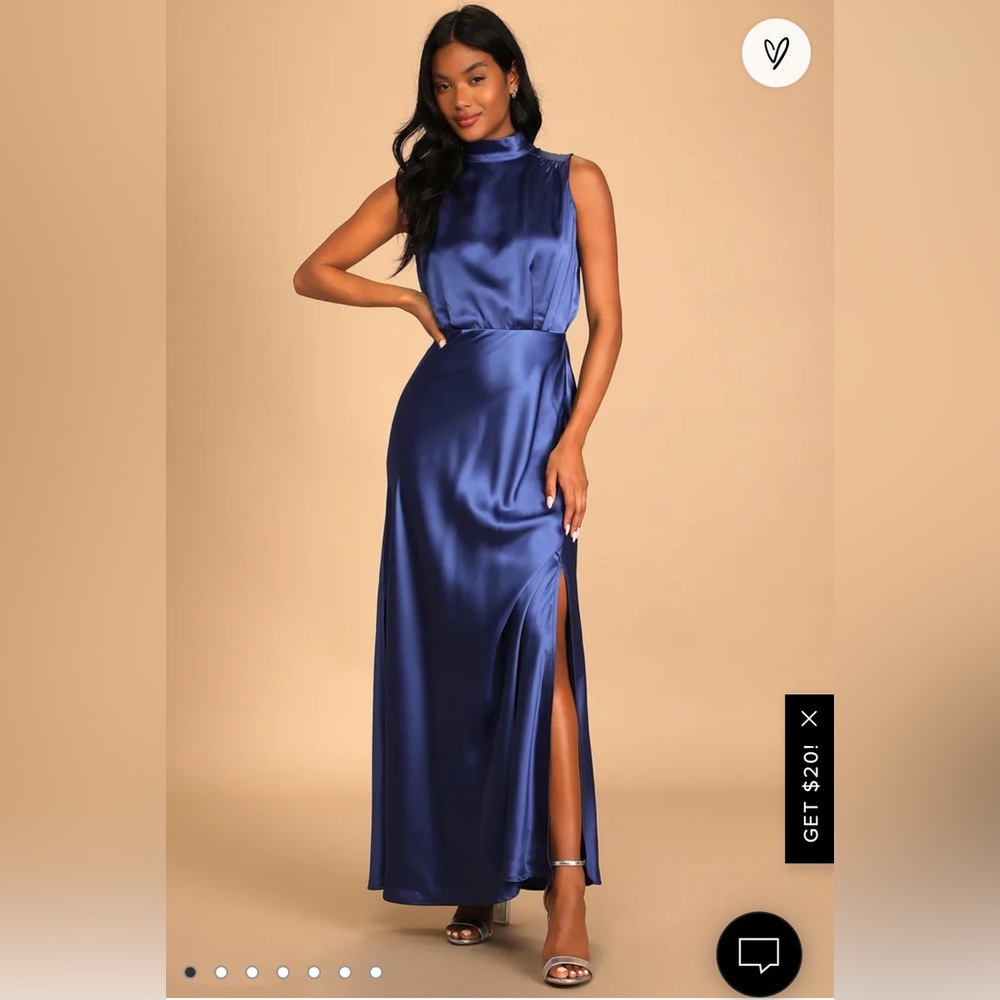 Lulu’s Blue Satin Sleeveless Mock Neck Maxi Dress